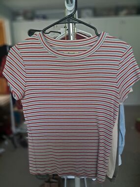 Madewell Striped Ribbed Tee in White, Red & Light Blue